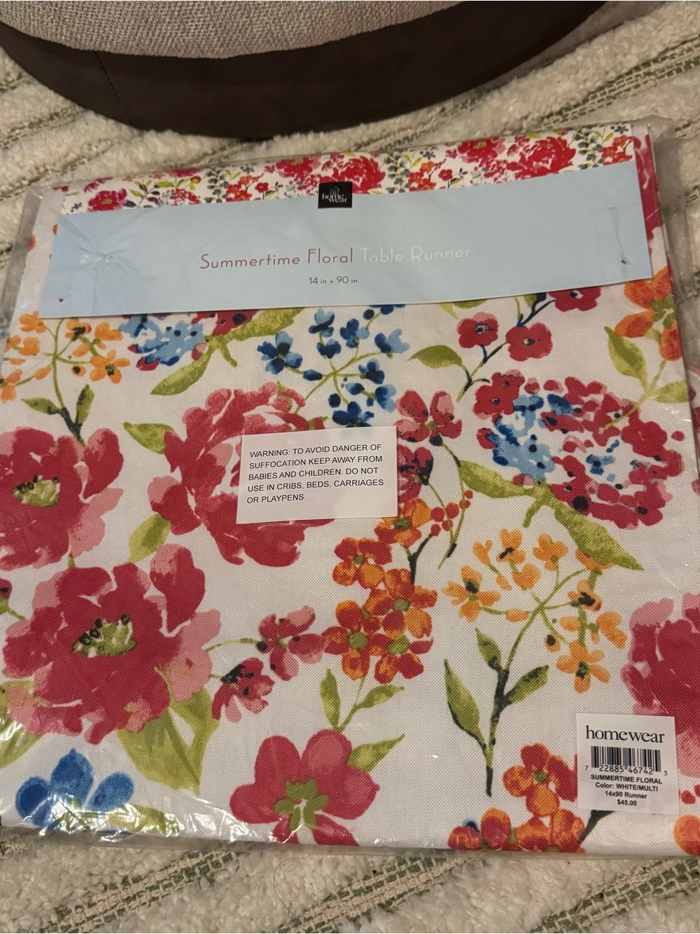 NWT Homewear Summertime Floral Table Runner 14"x90" White Multi Colorful Flower